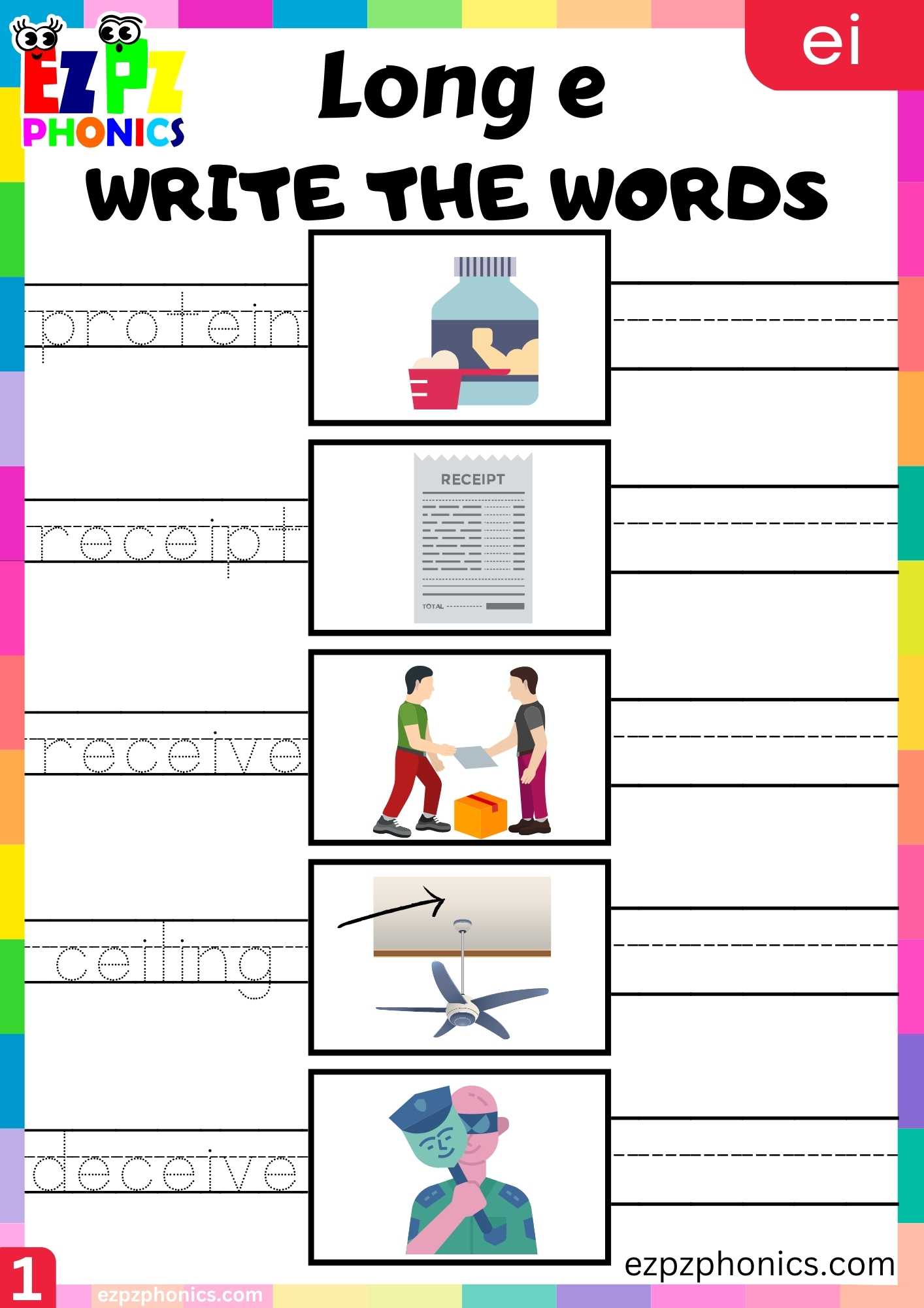 EI Words Write The Words Long E Phonics Worksheet